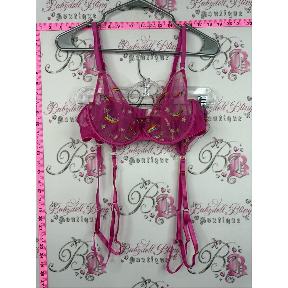 Playful promises 2 piece set  Fuchsia Embroidered Underwire Bra & Garter Straps